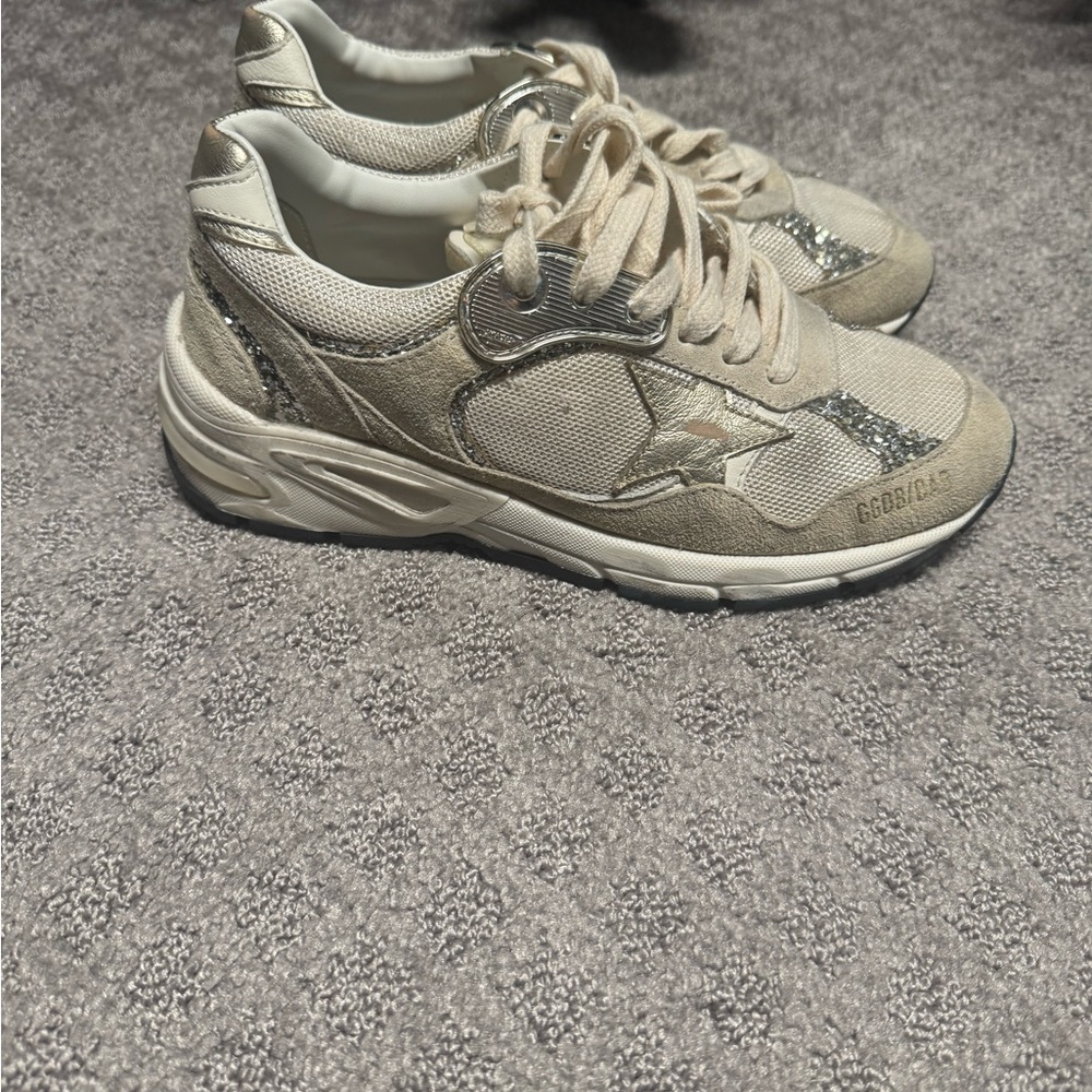 Beige Tan and Silver Women's Golden Goose Dad-Star Sneakers